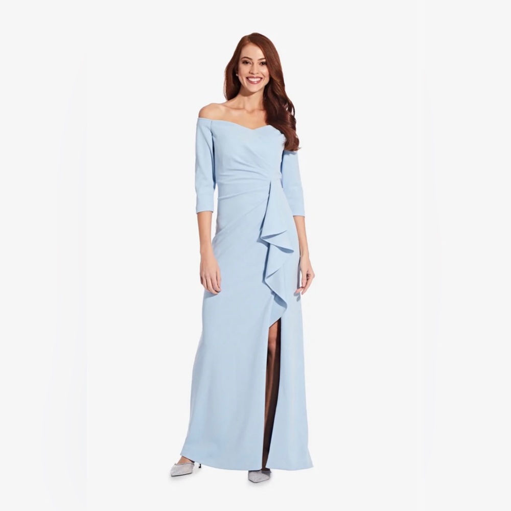 Off the shoulder dress with cascading ruffle detail
